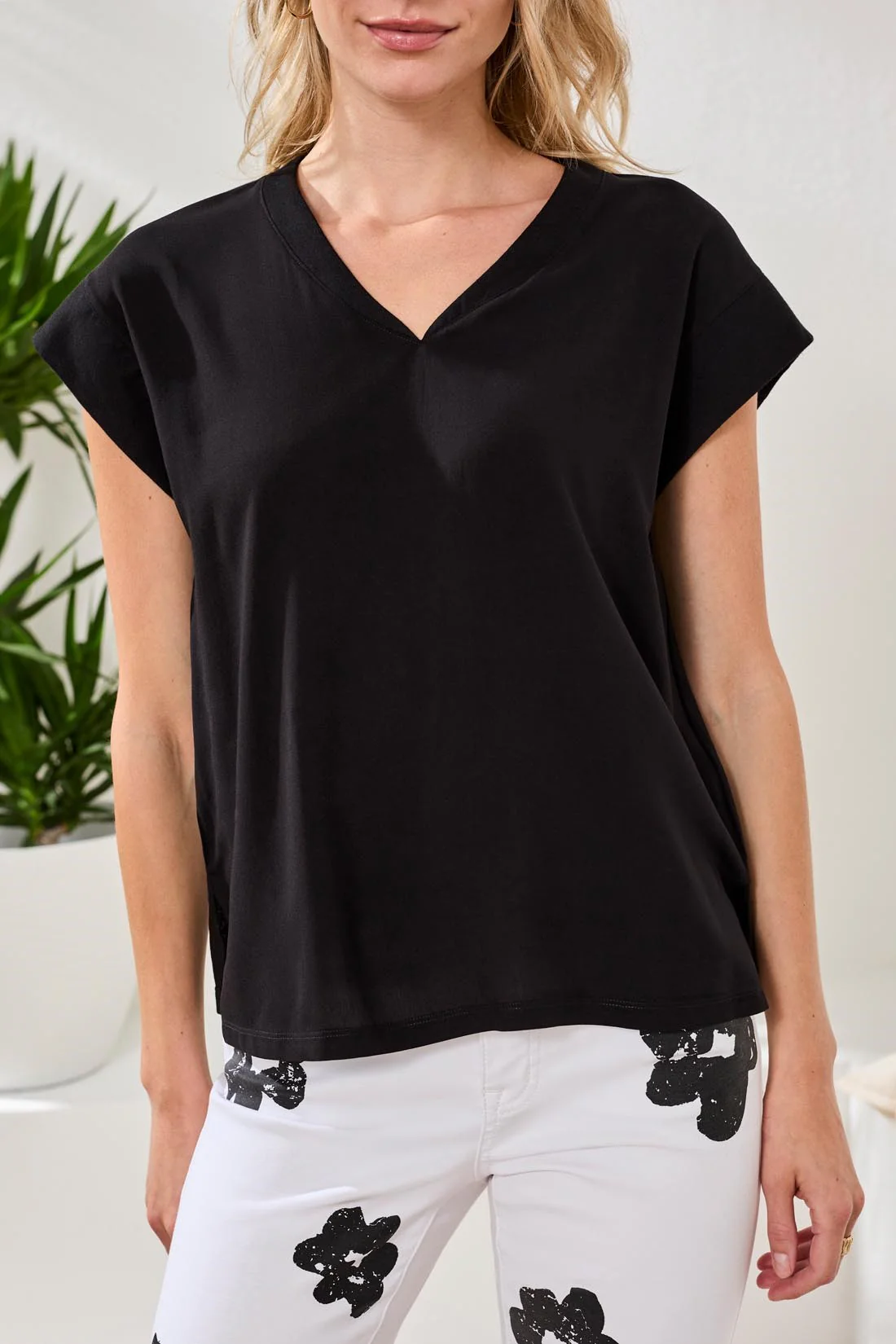 Mixed Media Soft Drape Cap Sleeve V-Neck Top-Black - Image 3