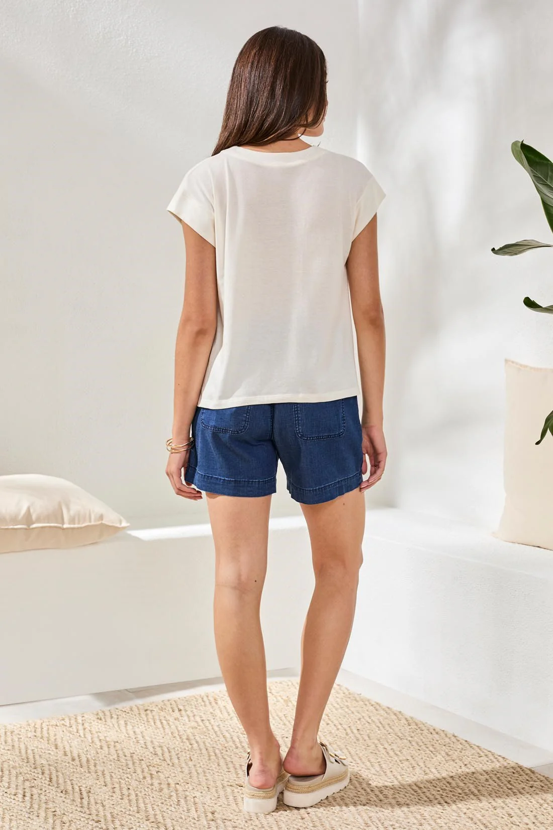 Mixed Media Soft Drape Cap Sleeve V-Neck Top-Eggshell - Image 4