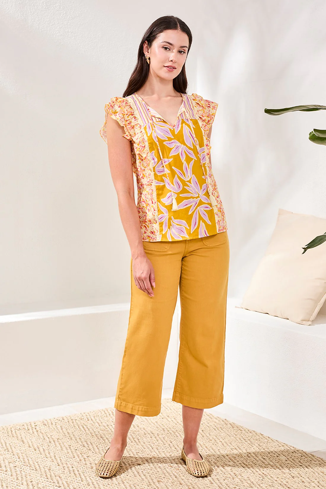 Mixed Print Notch Neck Blouse-Mustard - Image 2