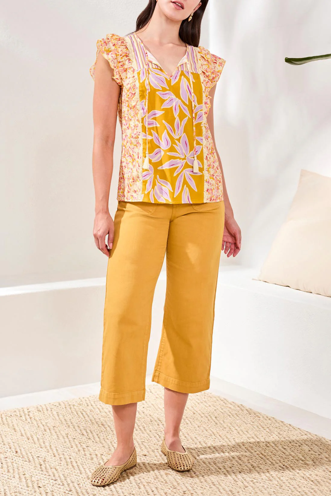 Mixed Print Notch Neck Blouse-Mustard - Image 3