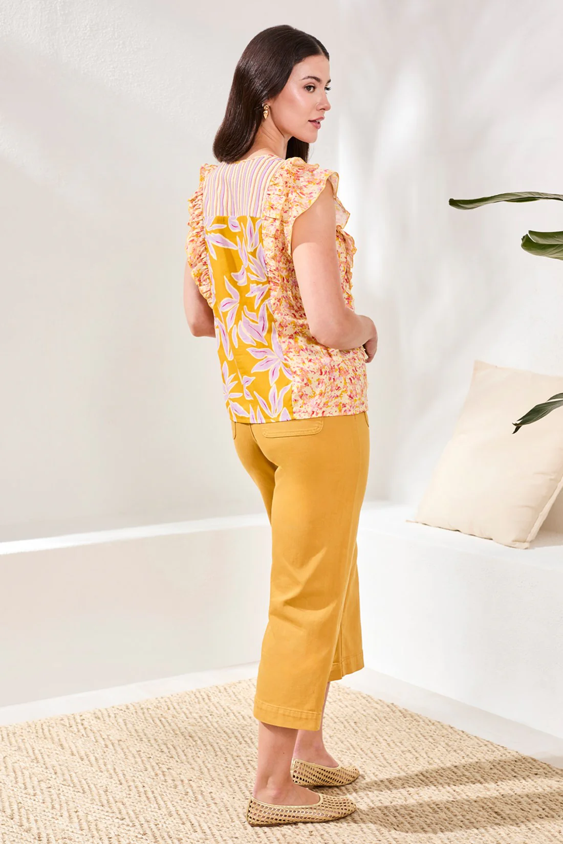 Mixed Print Notch Neck Blouse-Mustard - Image 4