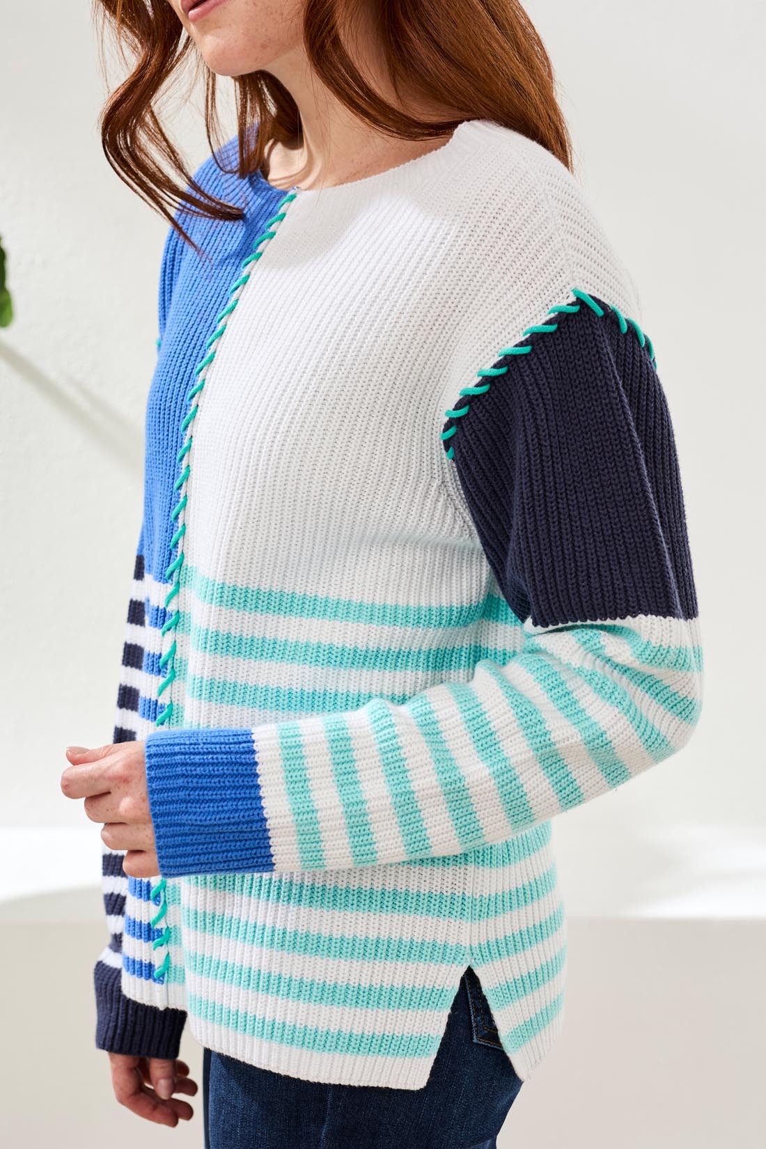 Multi Stripe Textured Boat Neck Sweater-Seashore - Image 2