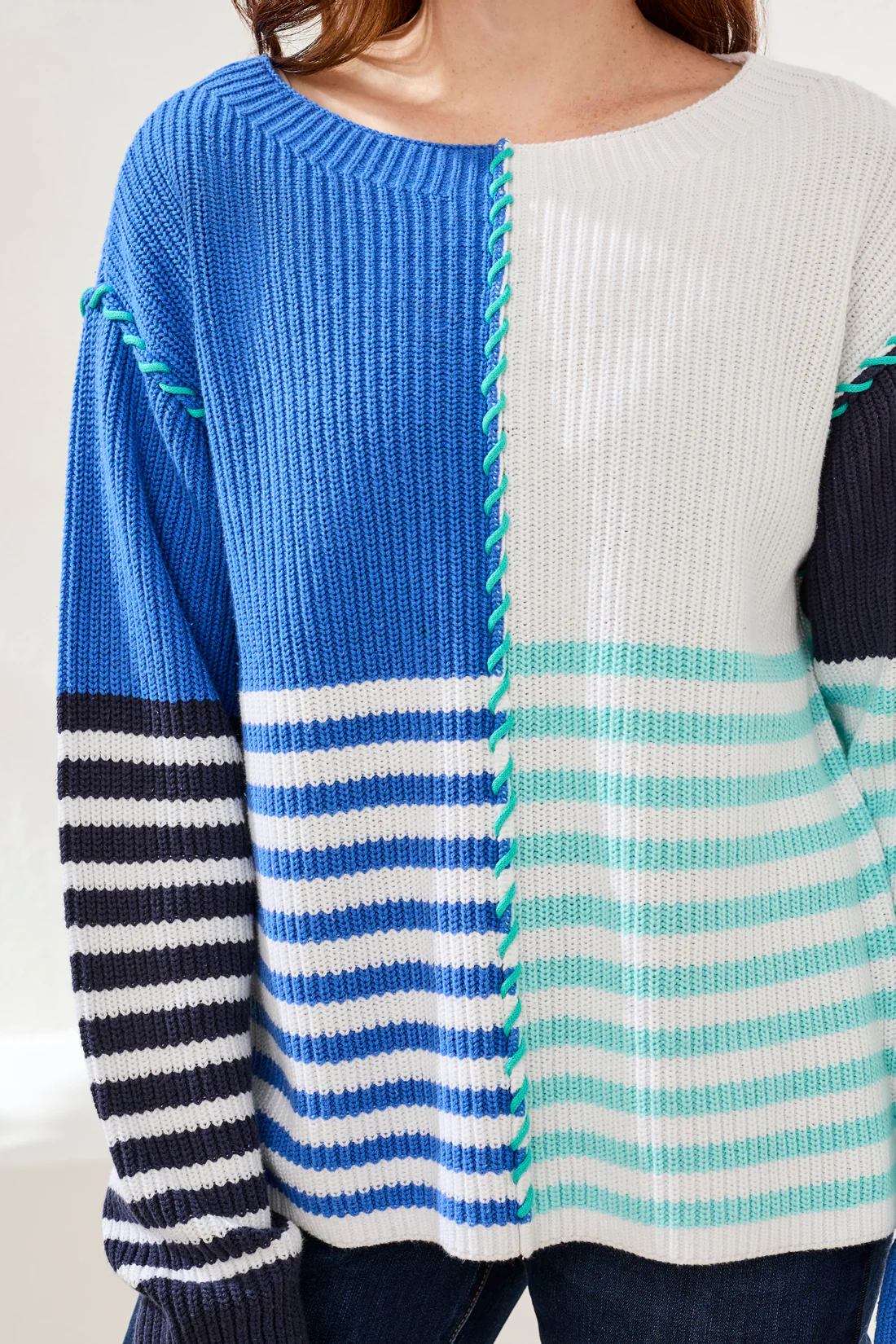 Multi Stripe Textured Boat Neck Sweater-Seashore - Image 3