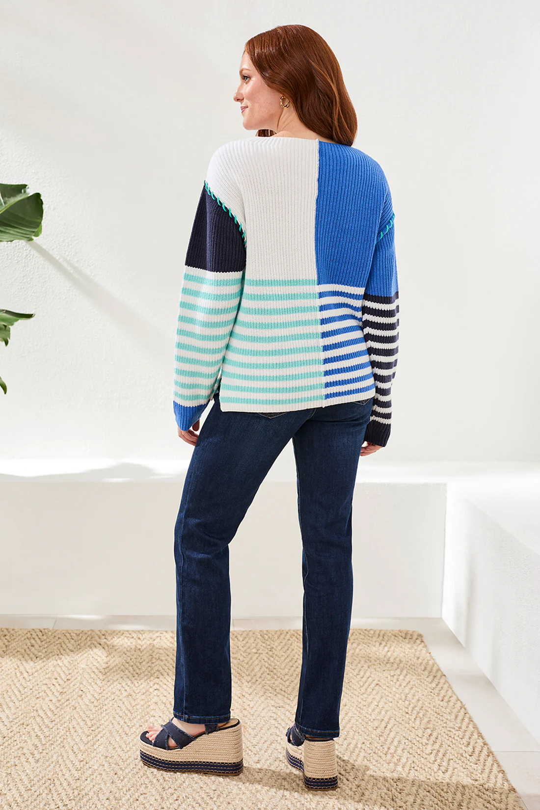 Multi Stripe Textured Boat Neck Sweater-Seashore - Image 4