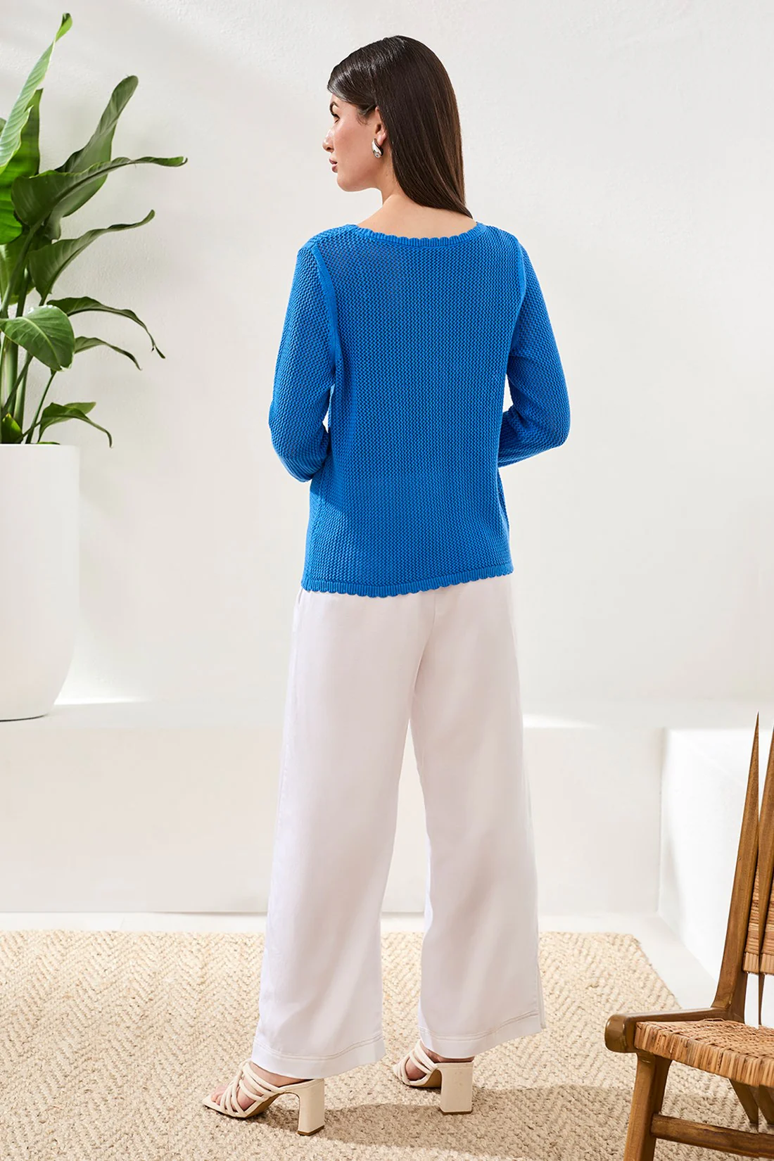Open-Stitch Embroidered Cotton Crew Neck Sweater-Royal - Image 3