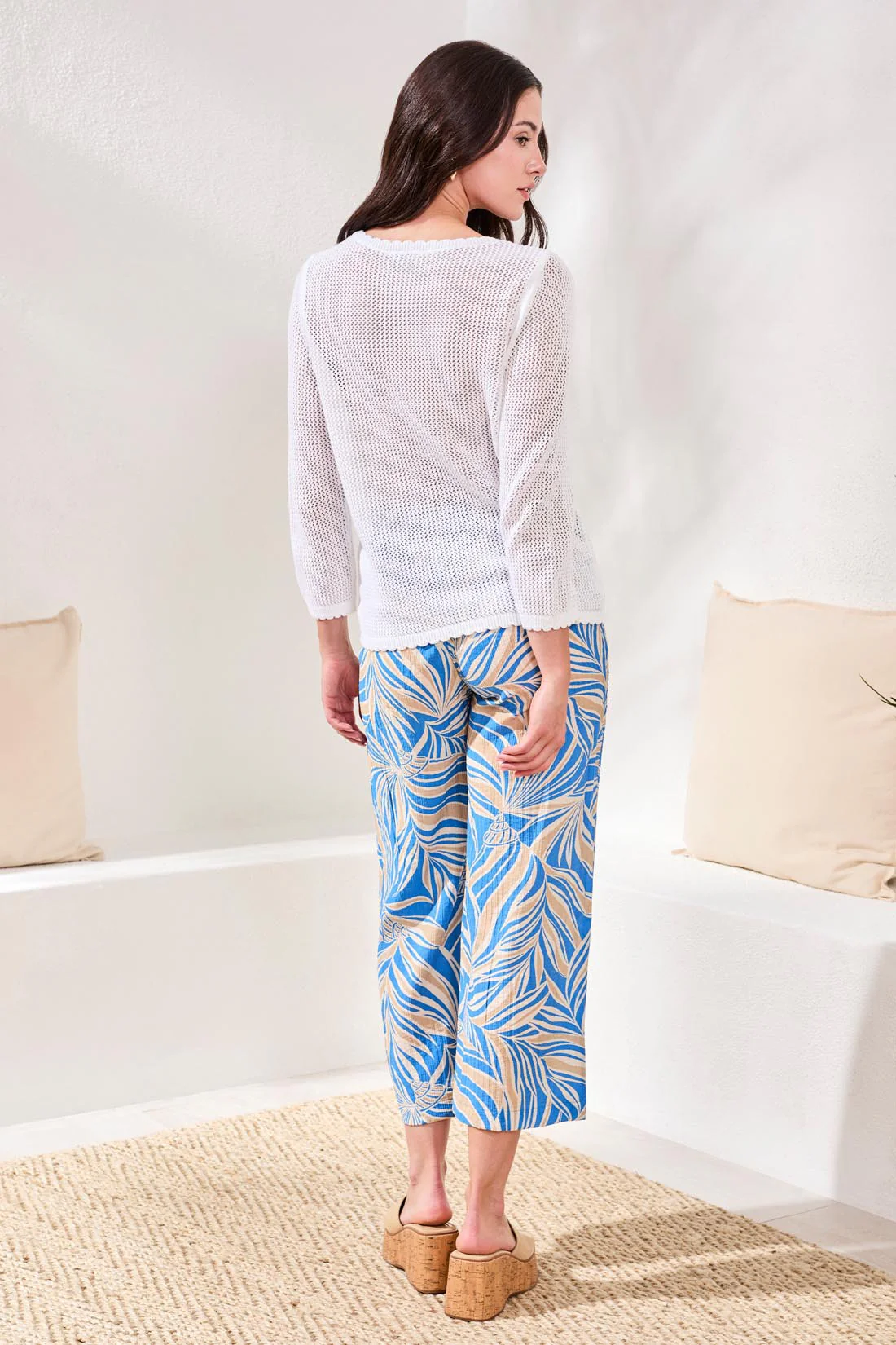 Open-Stitch Embroidered Cotton Crew Neck Sweater-White - Image 4