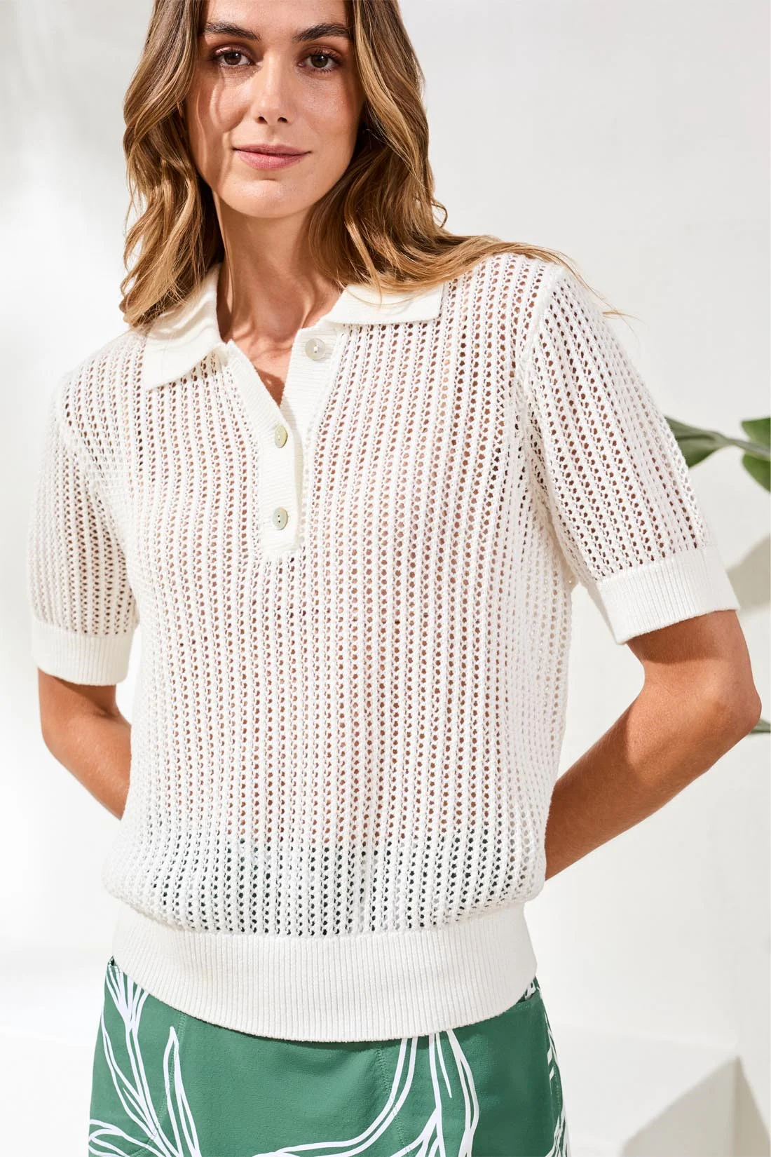 Open-Stitch Short Sleeve Polo Sweater Top-White - Image 3