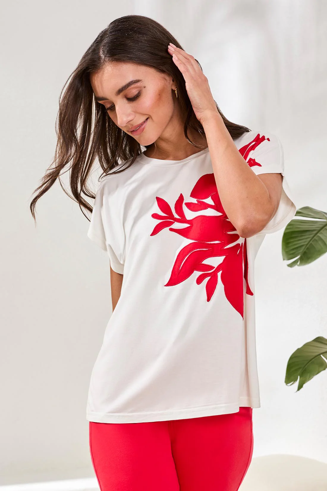Floral Appliqué Cap Sleeve Top-Sea pearl - Image 3