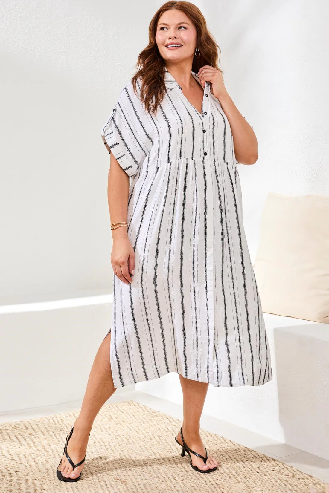 Plus Yarn Dye Stripe Flowy Shirt Dress-White/black - Image 3
