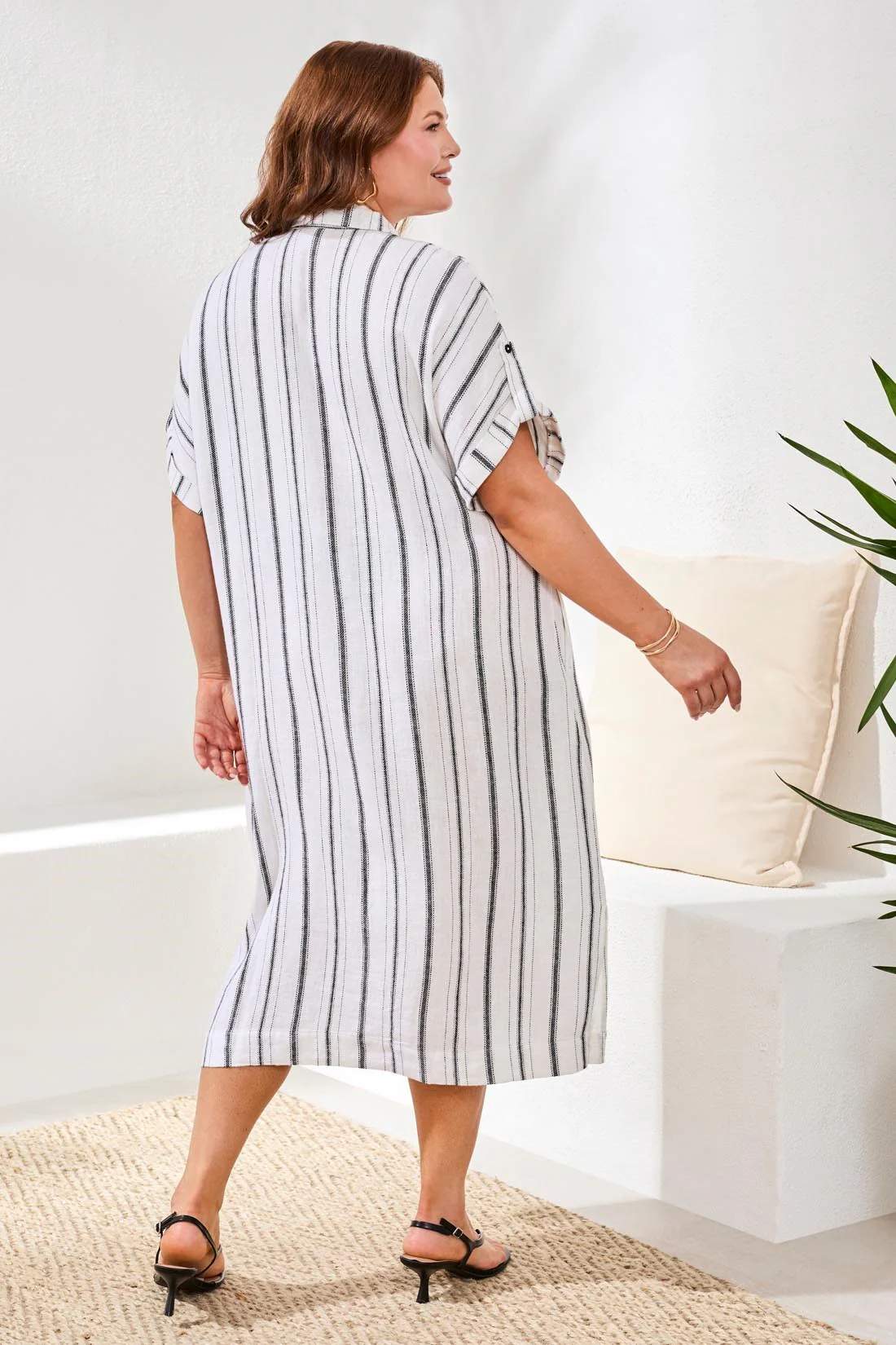 Plus Yarn Dye Stripe Flowy Shirt Dress-White/black - Image 4