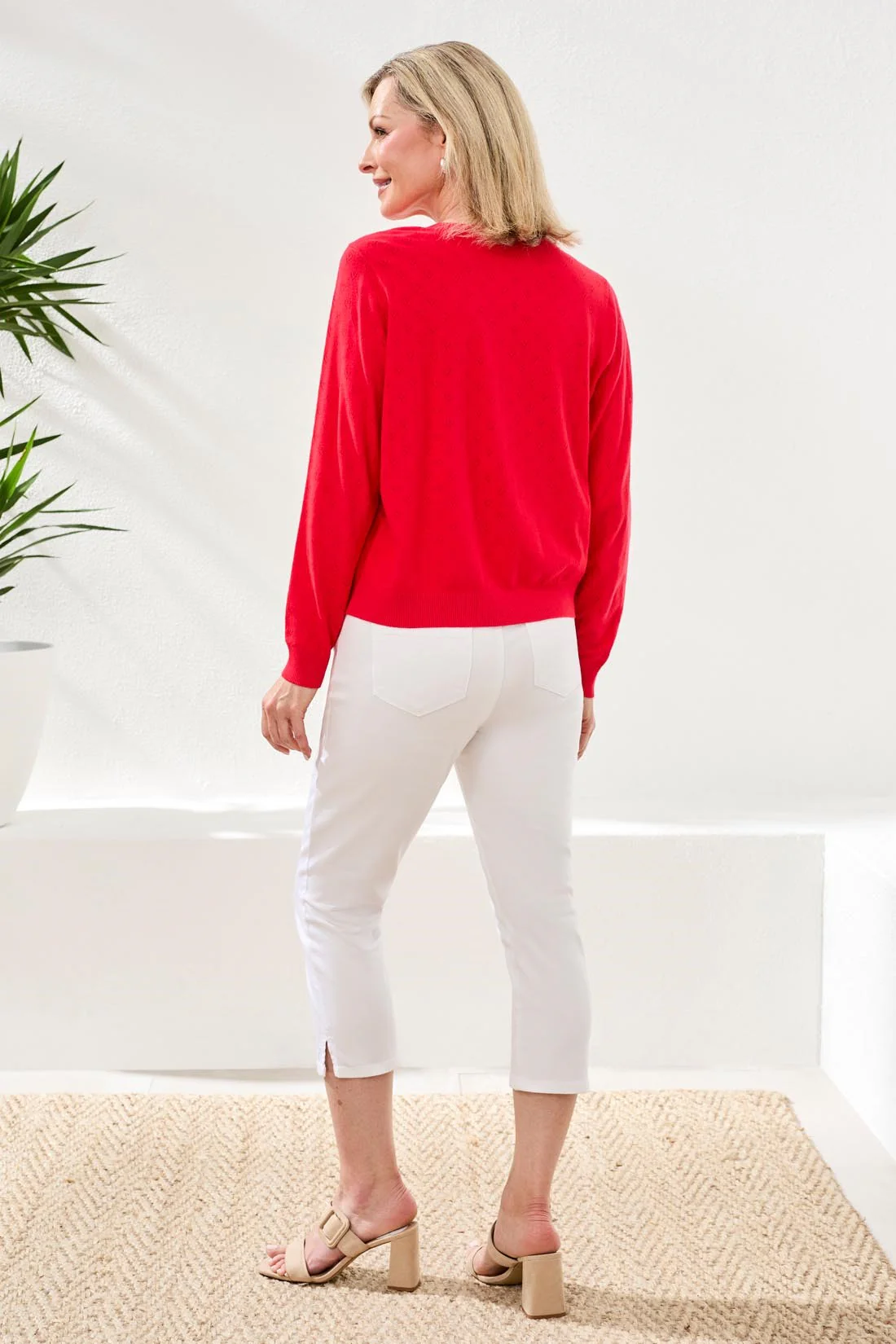 Pointelle Knit Cardigan Sweater With Button-Front Closure-Rouge - Image 3