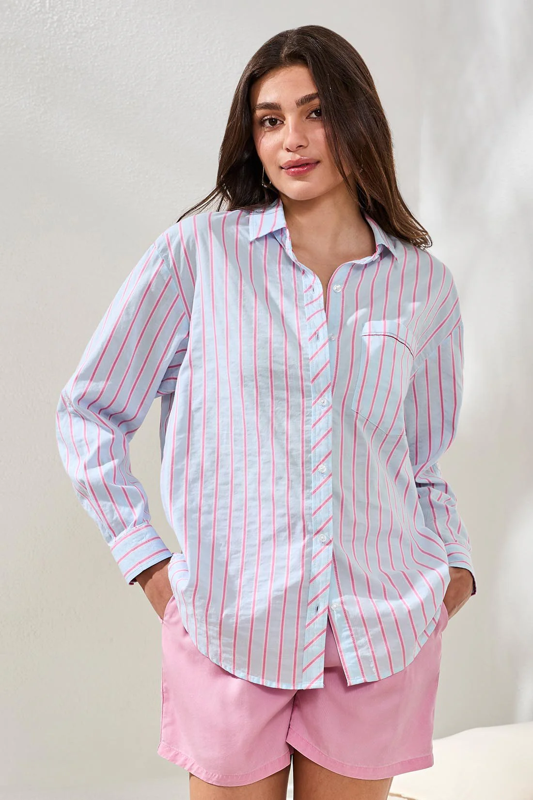 Poplin Double Stripe Roll-Up Sleeve Button-Front Shirt-Hydrangea - Image 2
