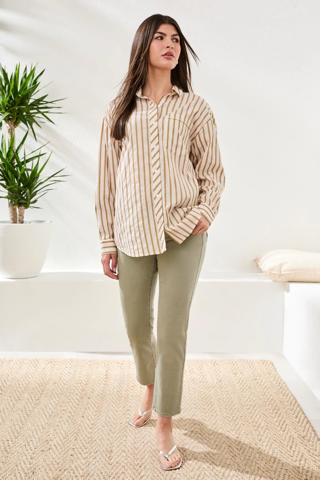 Poplin Double Stripe Roll-Up Sleeve Button-Front Shirt-Rainforest - Image 2