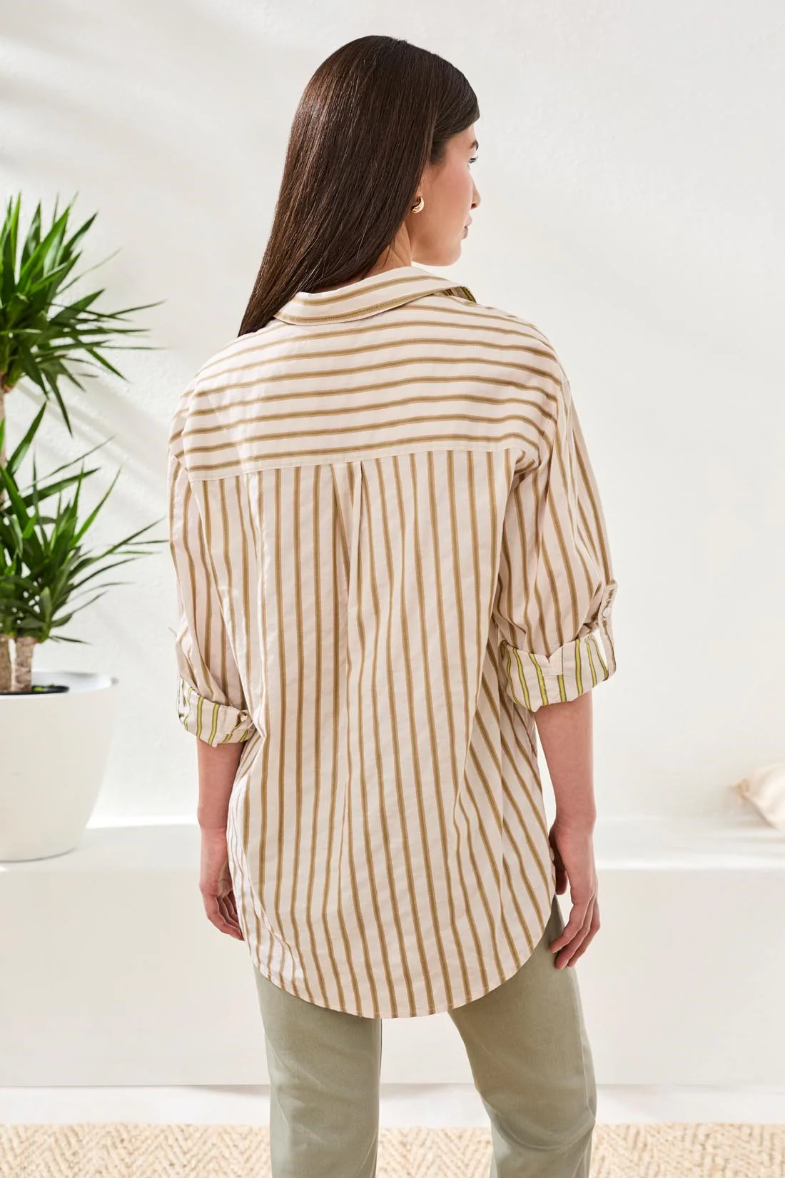 Poplin Double Stripe Roll-Up Sleeve Button-Front Shirt-Rainforest - Image 4