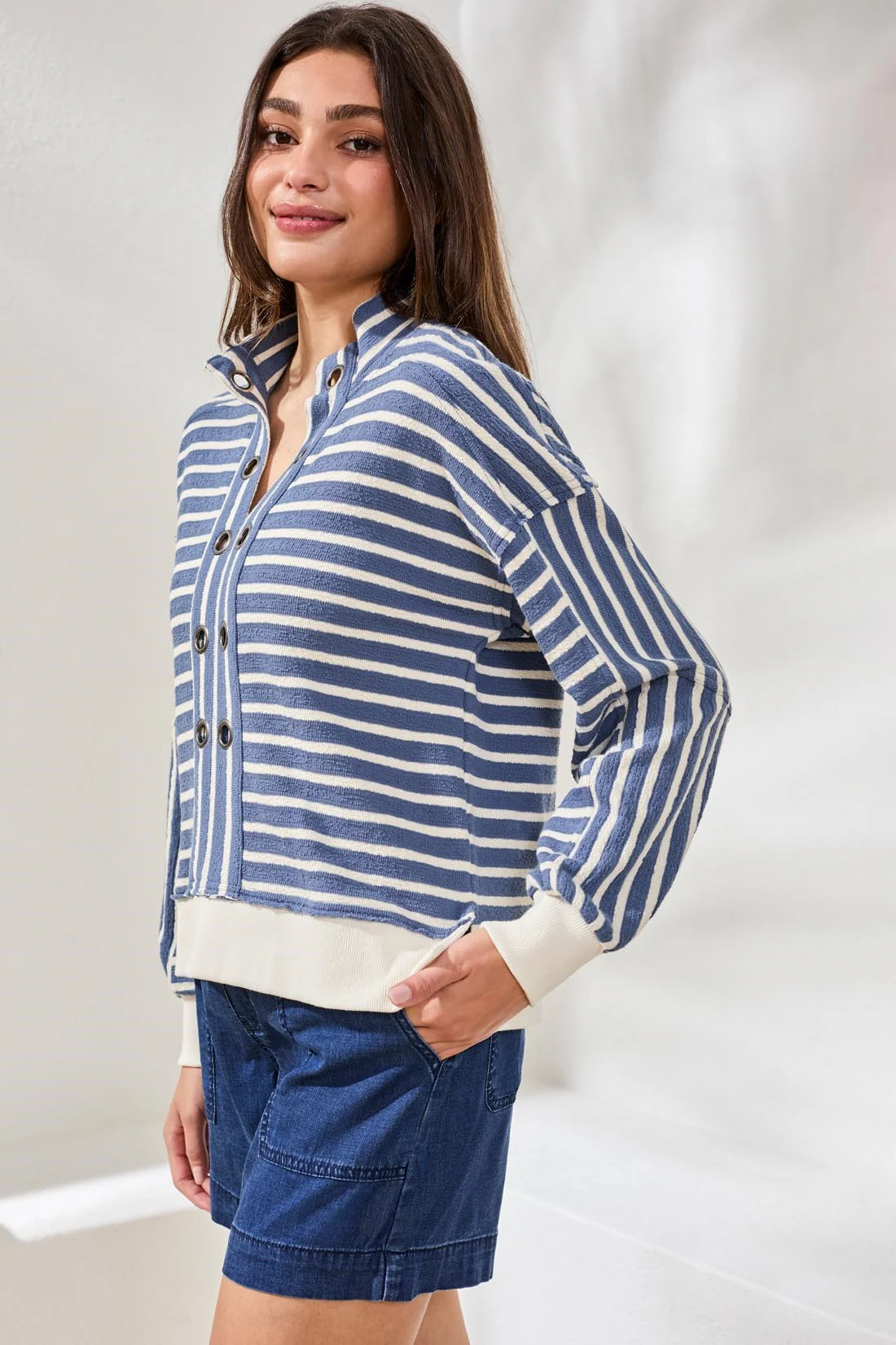 Drop-Shoulder French Terry Popover Shirt with Metal Ring Detail-Seahaven - Image 3