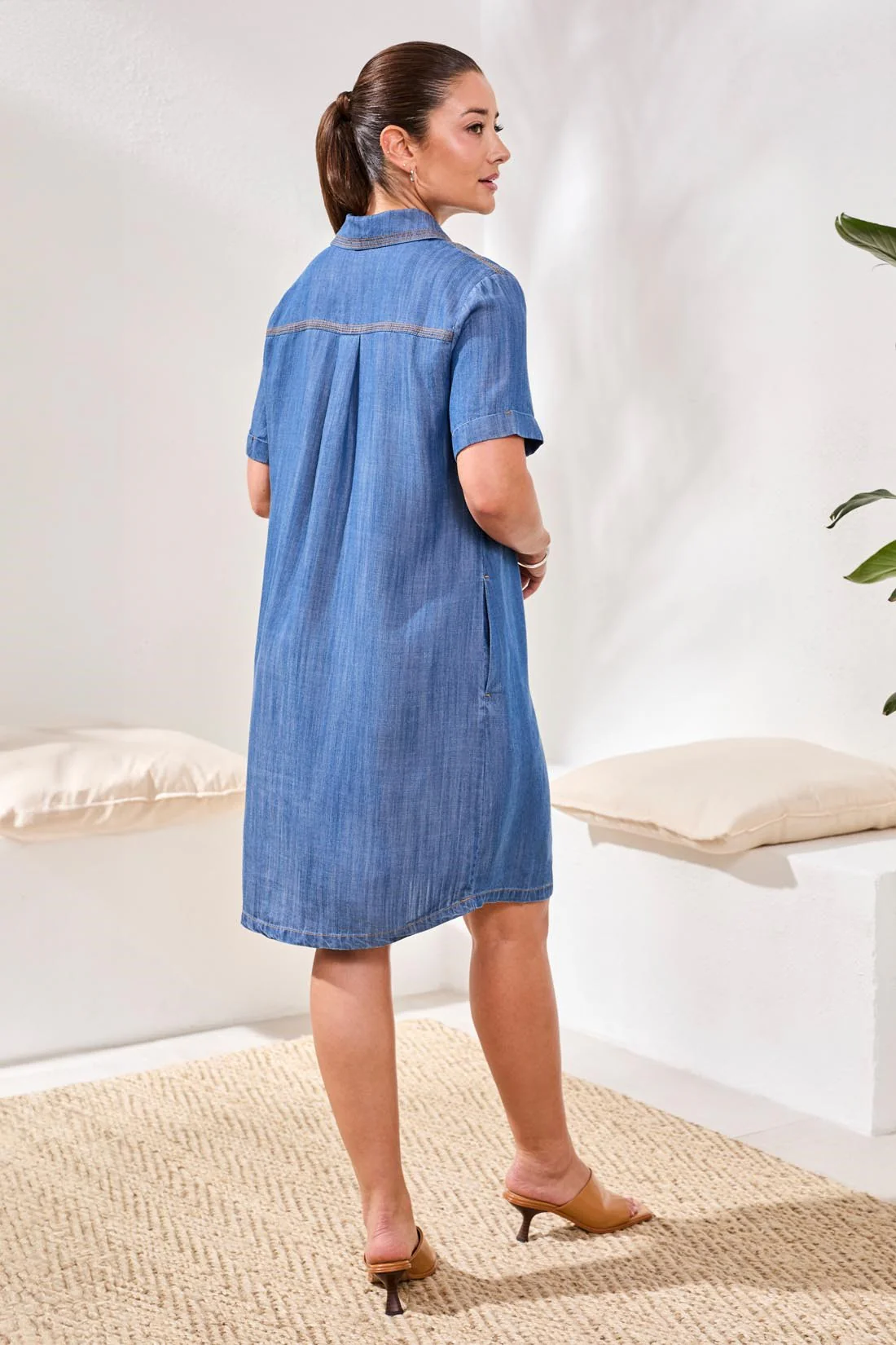 Popover Shirt Dress With Lace Up Detail-Seasideblue - Image 4