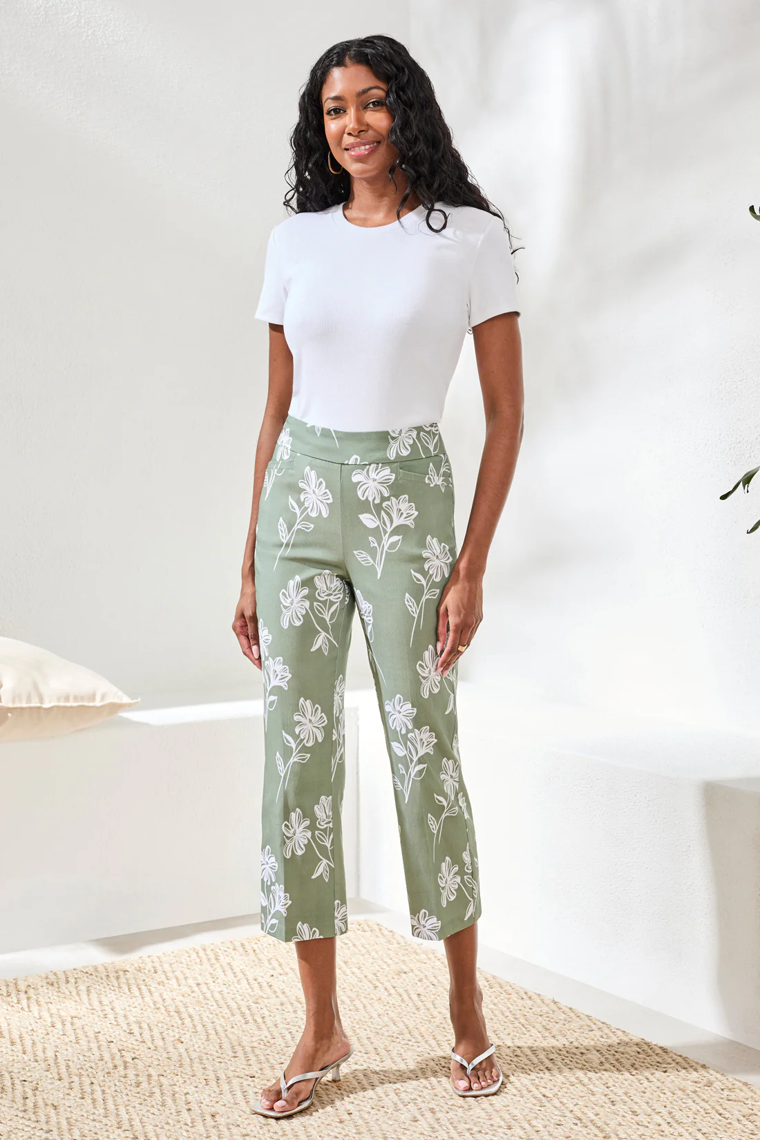 Bengaline Pull‑On Capris with Floral Motif-Moss - Image 2