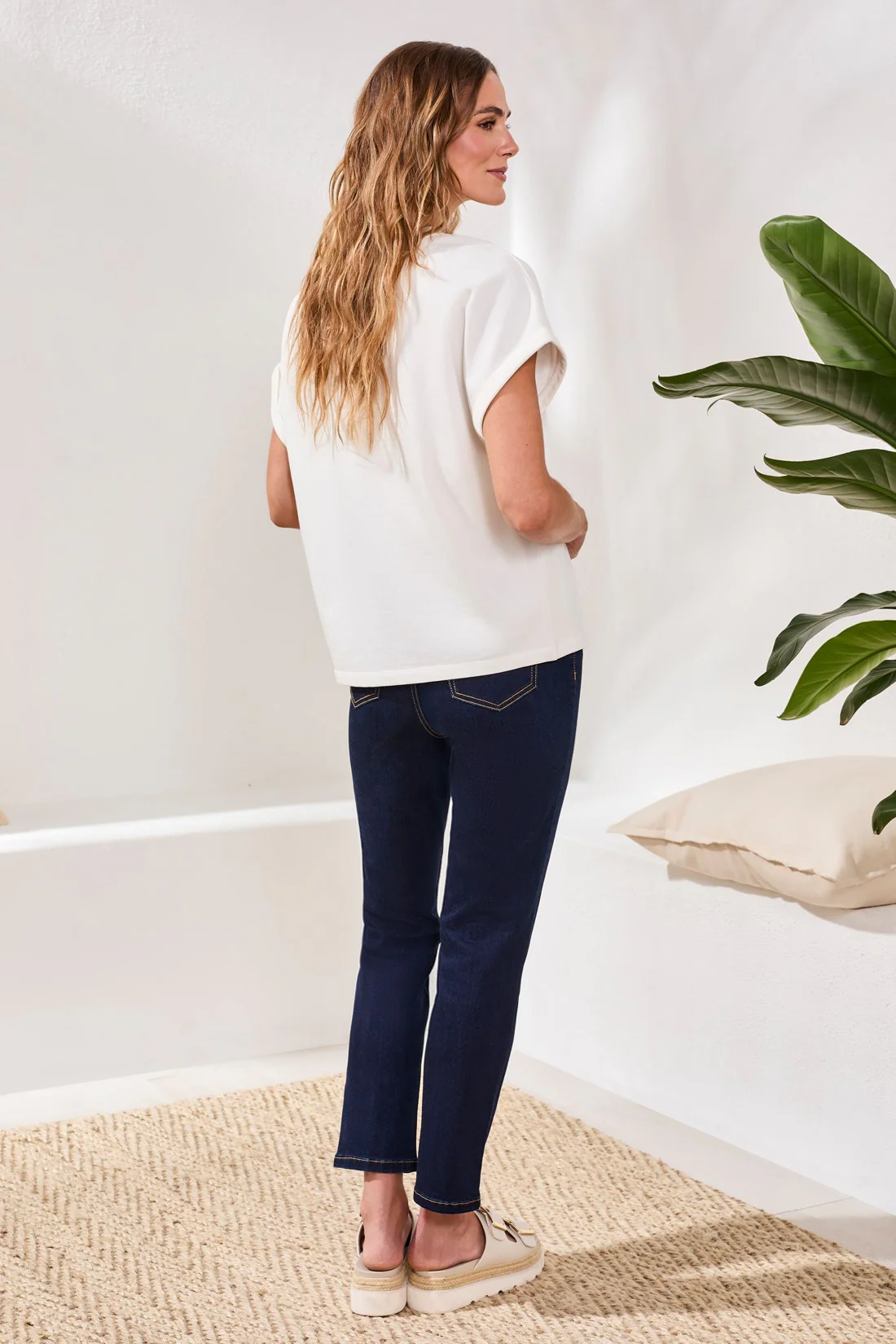 Cotton Embroidered Cap-Sleeve Crewneck Tee-White - Image 4