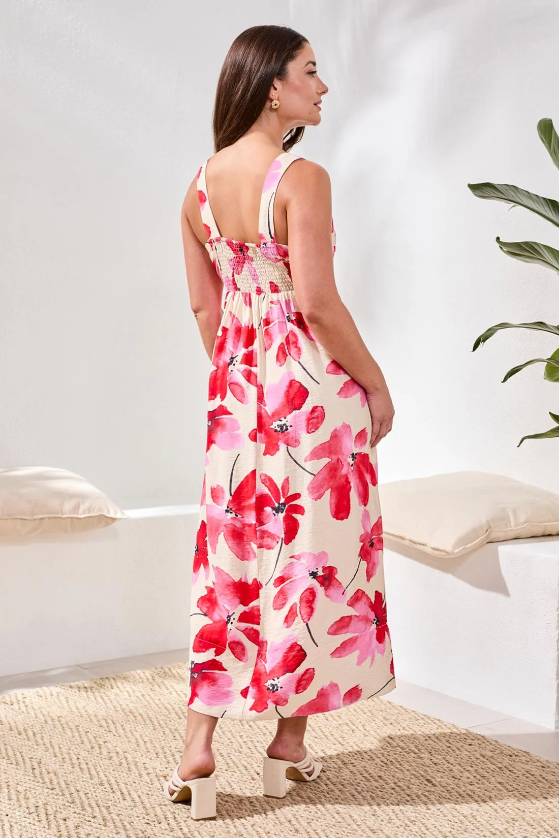 Watercolor Strappy V-Neck Fitted Body Midi Dress-Canvas - Image 5