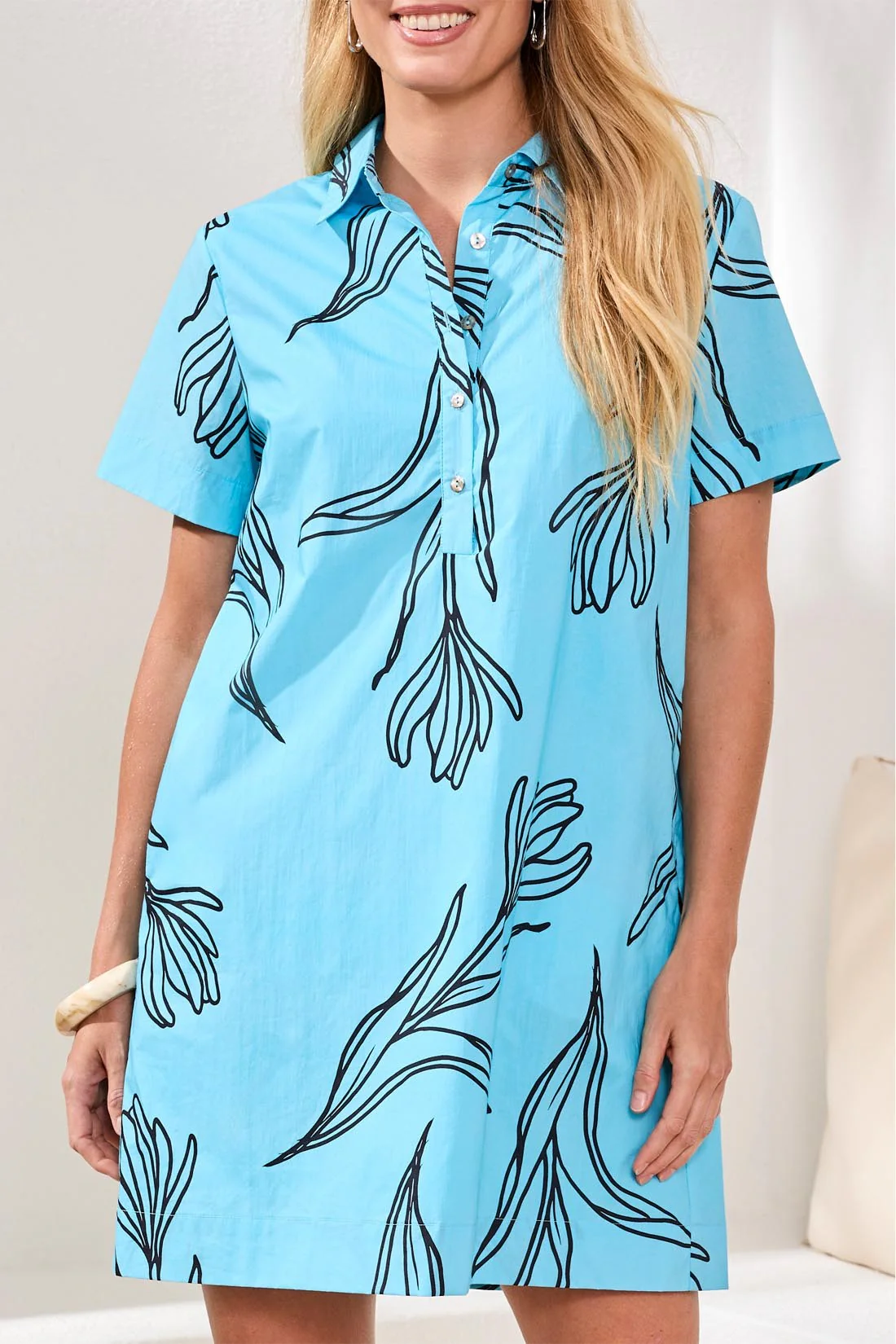 Printed Cotton Poplin Button Up Dress-Aqua sky - Image 3