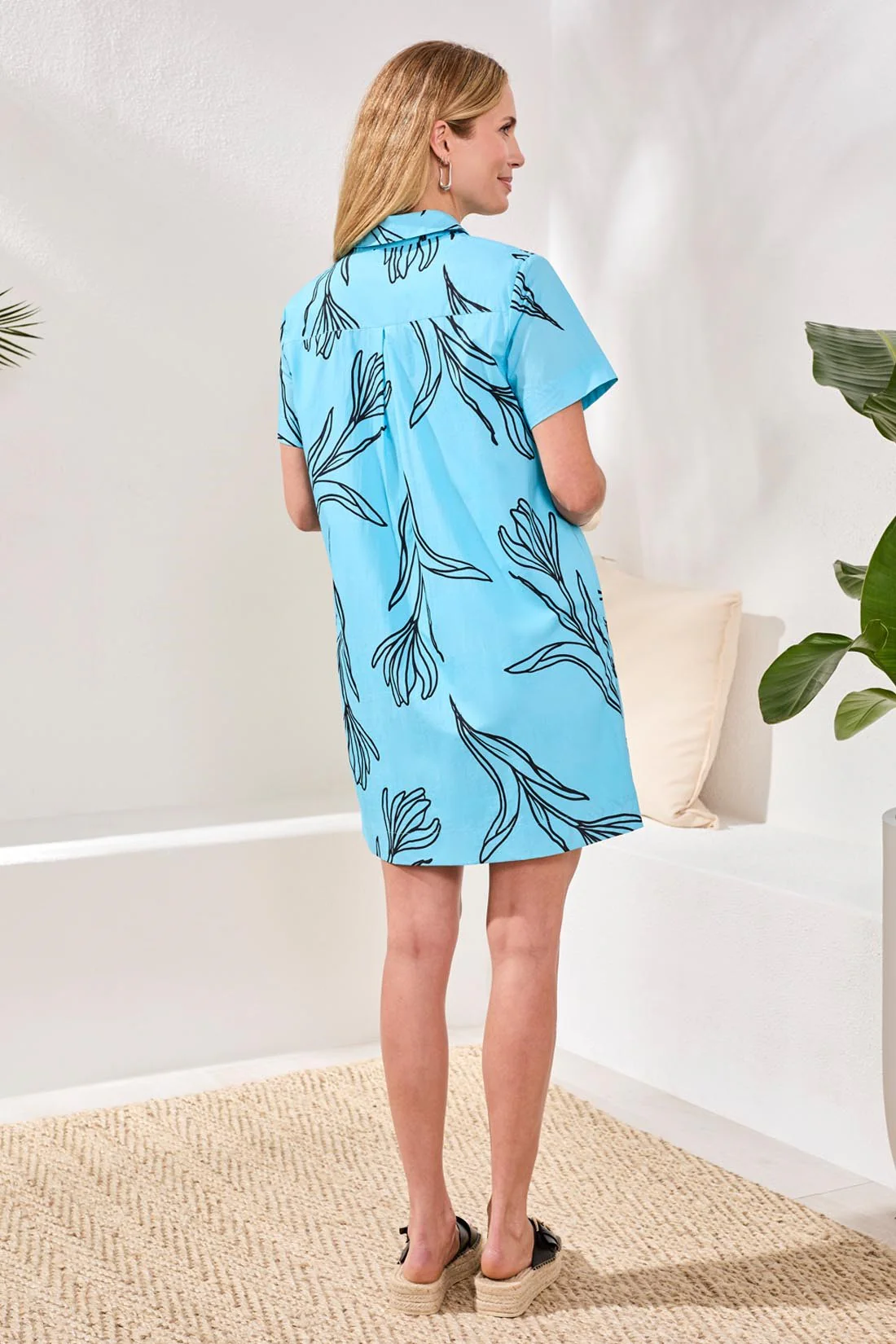 Printed Cotton Poplin Button Up Dress-Aqua sky - Image 4