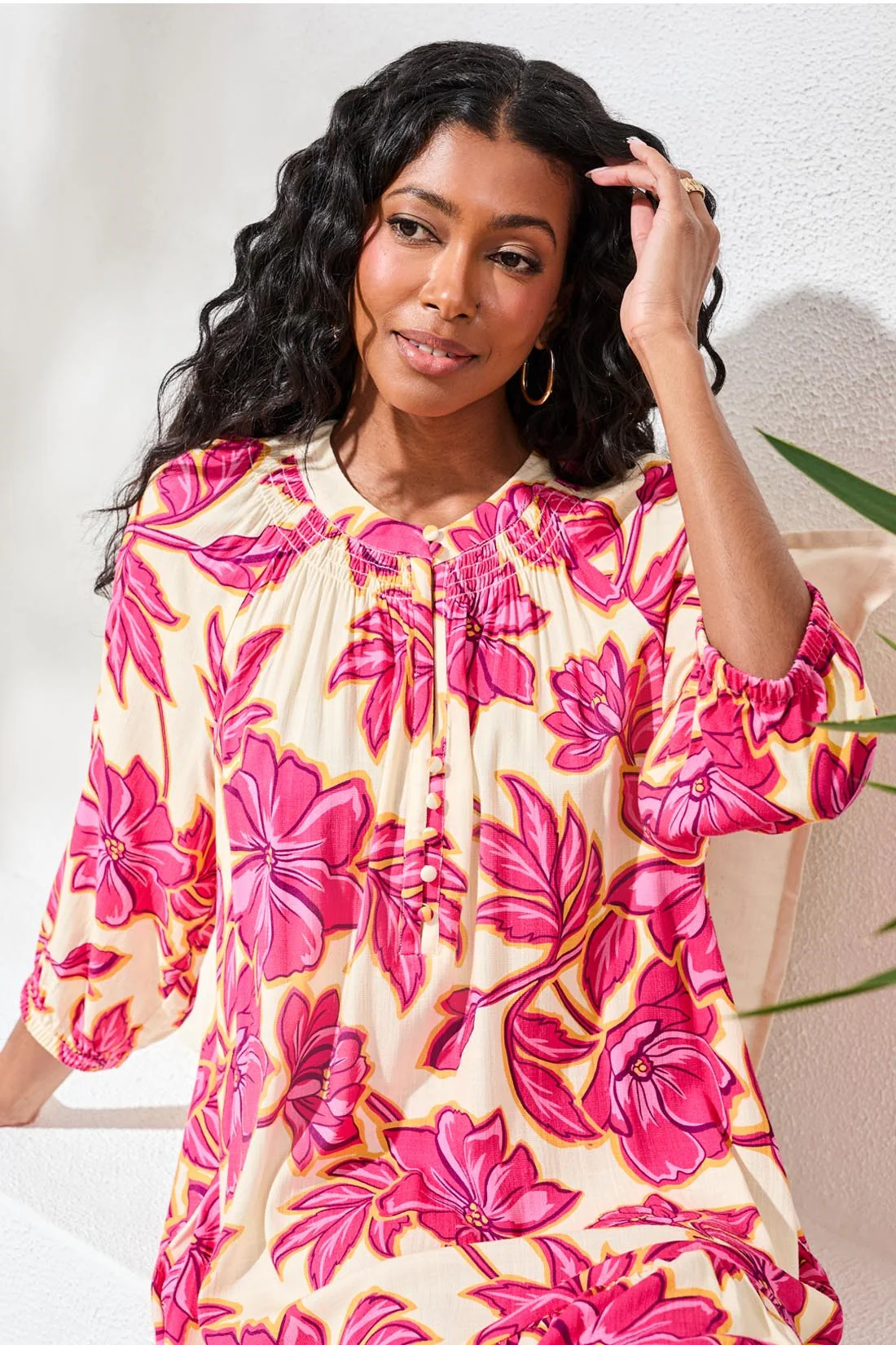 Notch Neck 3/4 Sleeve Tiered Tunic Dress-Pinkglow - Image 3