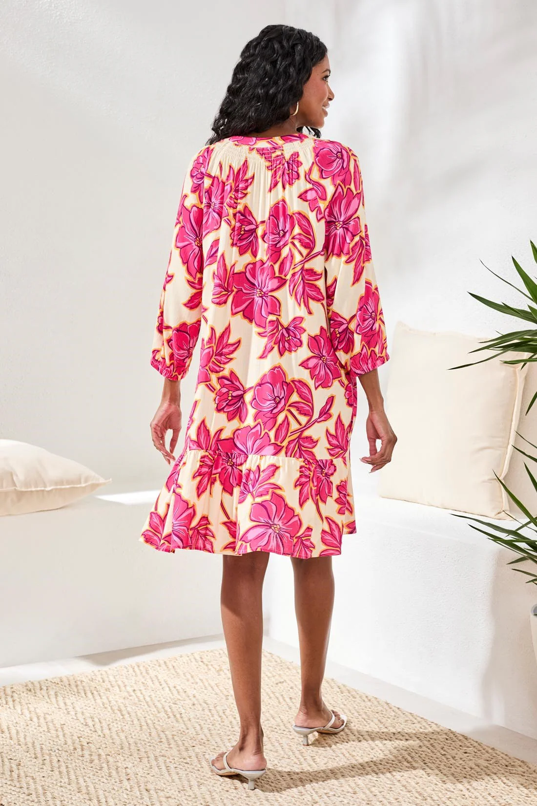 Notch Neck 3/4 Sleeve Tiered Tunic Dress-Pinkglow - Image 4