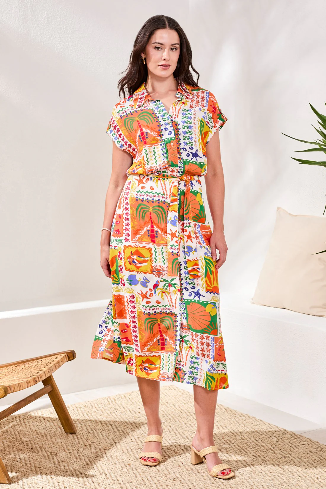 Lightweight Cotton Crosshatch Button-Front Belted Midi Dress-Guavablush - Image 3