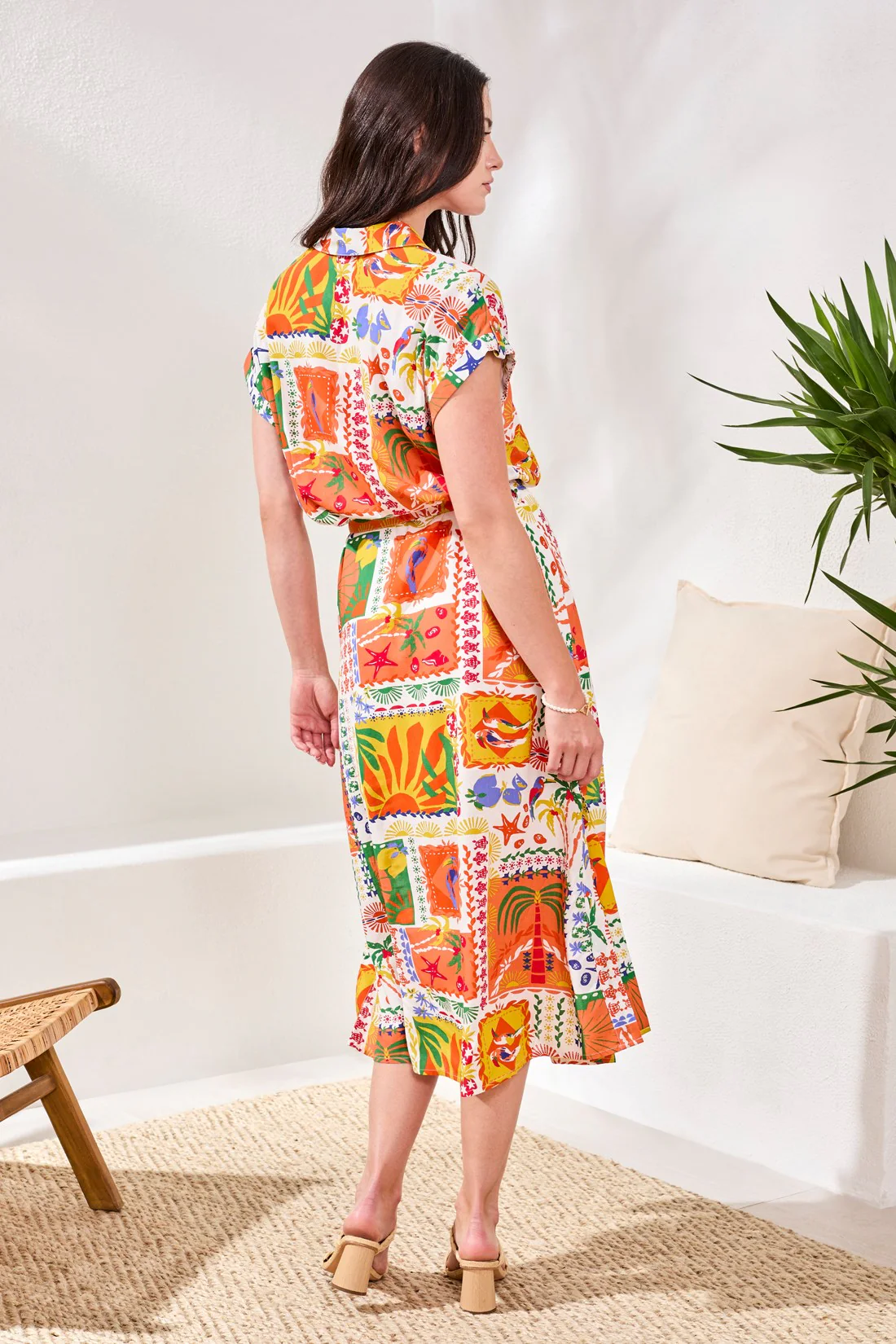 Lightweight Cotton Crosshatch Button-Front Belted Midi Dress-Guavablush - Image 4
