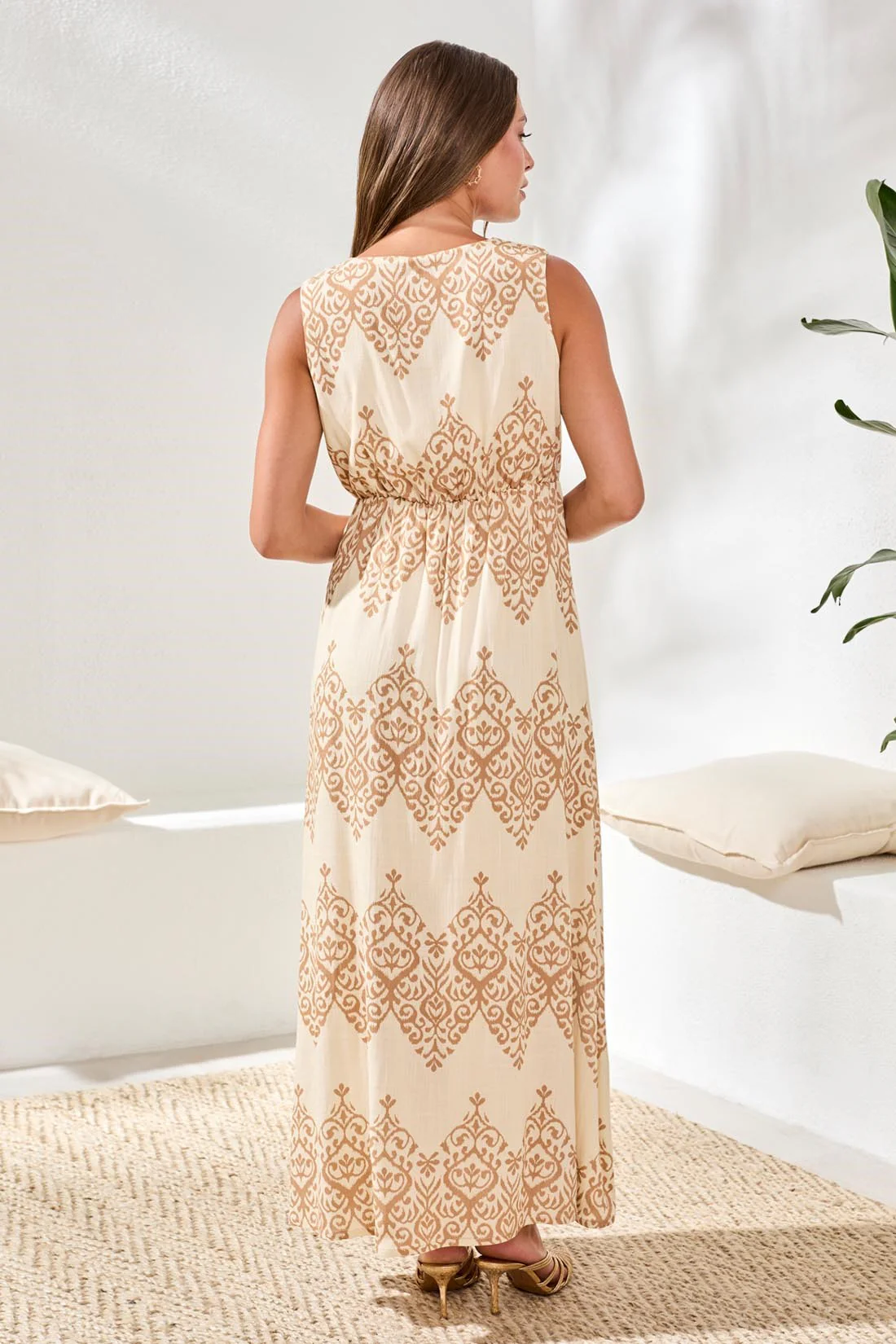 Flowy Crosshatch V-Neck Empire Waist Maxi Dress-Canvas - Image 4