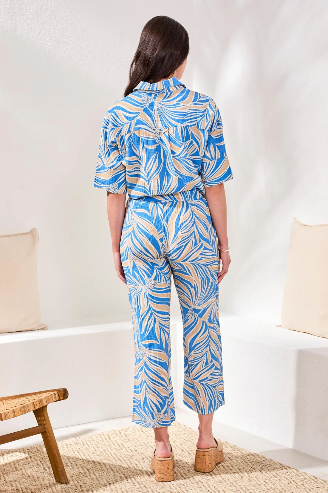 Printed Flowy Ankle Pants With Drawcord At Waist-Royal - Image 4