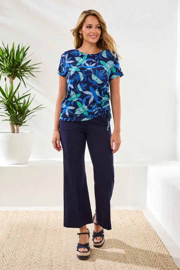 Printed Jersey Crew Neck Top With Side Ruching-Blue surf