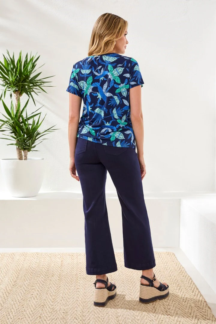 Printed Jersey Crew Neck Top With Side Ruching-Blue surf - Image 2