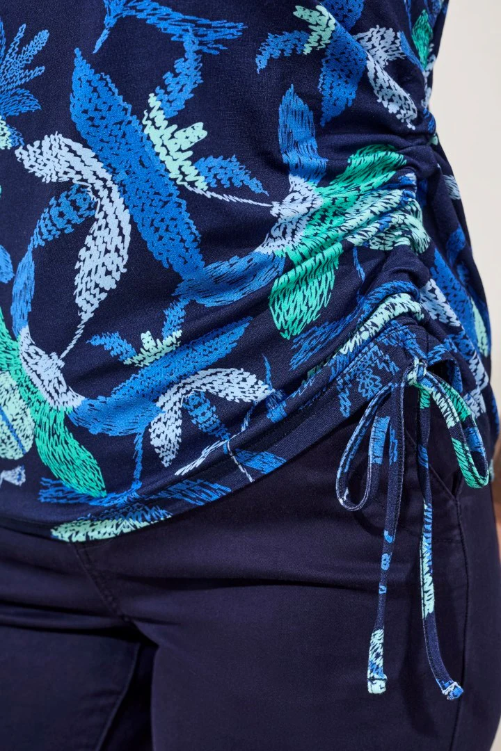 Printed Jersey Crew Neck Top With Side Ruching-Blue surf - Image 3