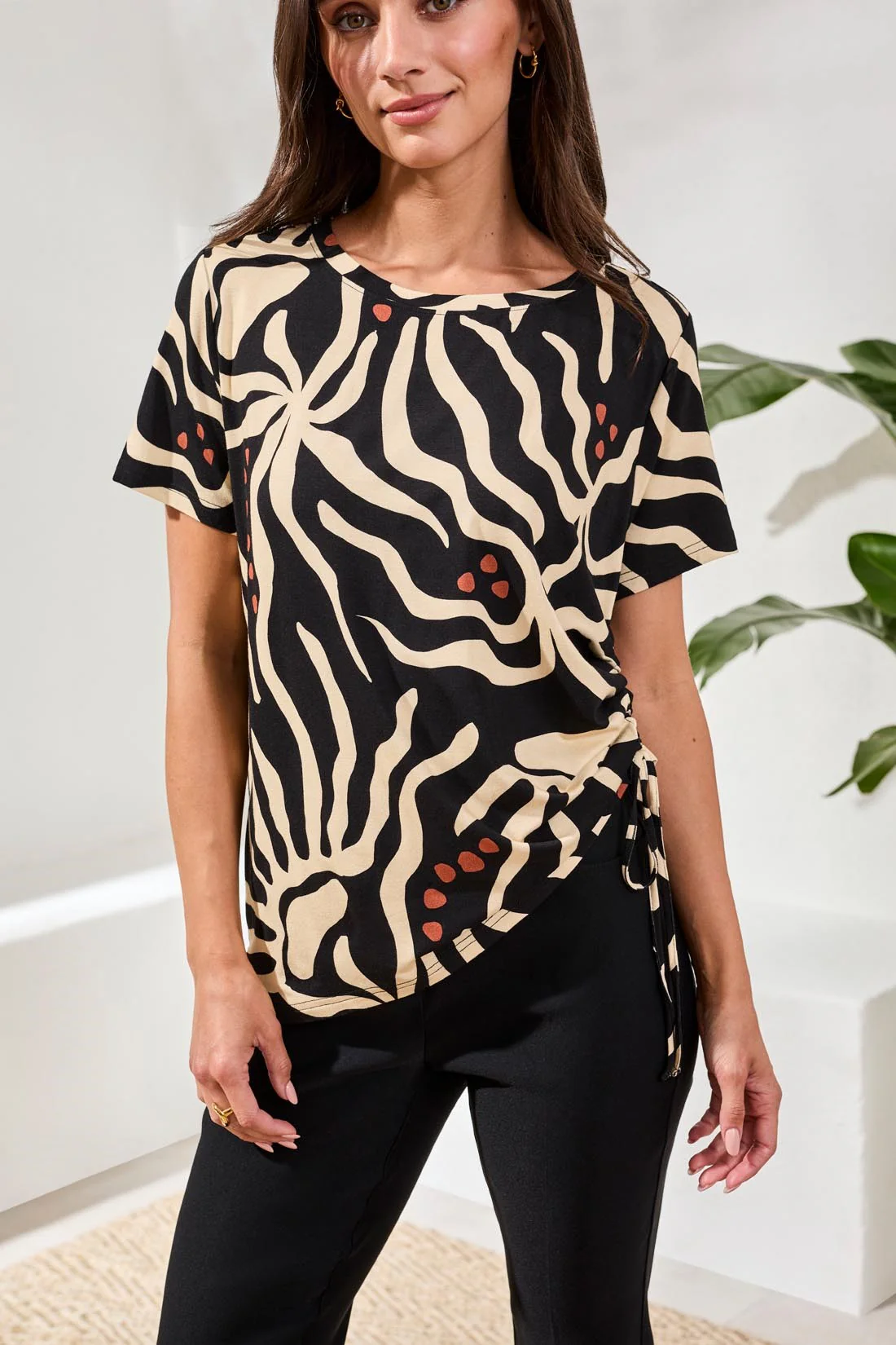 Printed Jersey Crew Neck Top With Side Ruching-Chestnut - Image 2