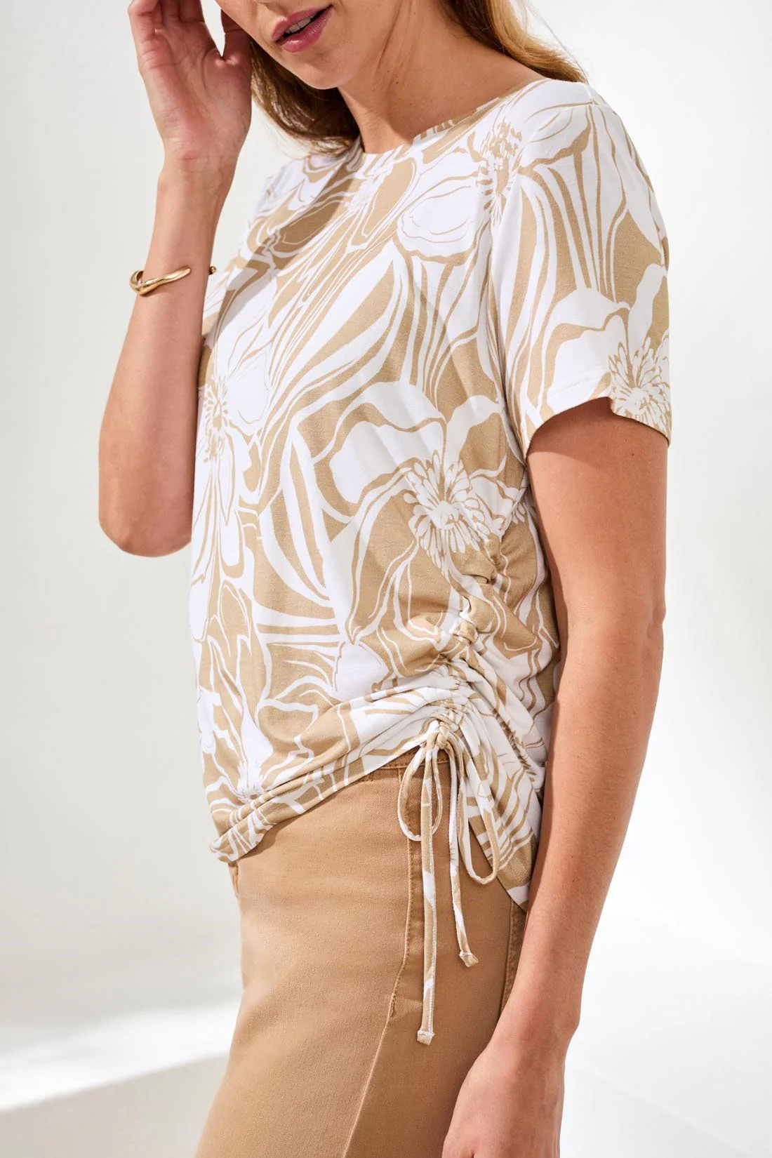 Printed Jersey Crew Neck Top With Side Ruching-Desert - Image 2