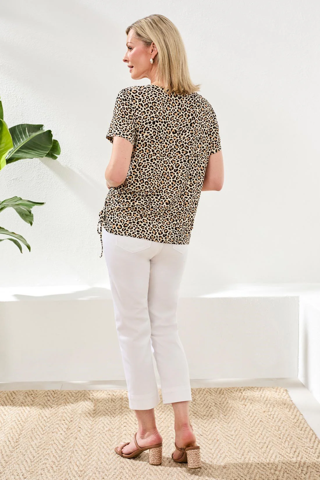 Printed Jersey Crew Neck Top With Side Ruching-Sesame - Image 2