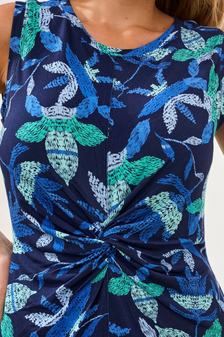 Printed Sleeveless Jersey V‑Neck Front‑Knot Dress-Bluesurf - Image 4