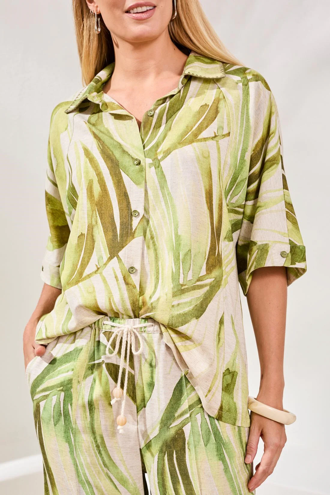 Flowy Linen Dolman Elbow Sleeve Blouse-Mintleaf - Image 2