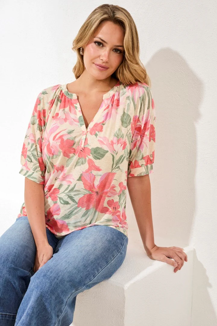 Printed Linen Elbow Sleeve Henley-Canvas - Image 3