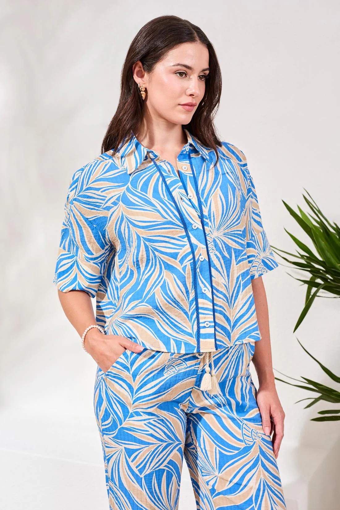 Printed Loop Stitch Button-Front Camp Shirt-Royal - Image 3