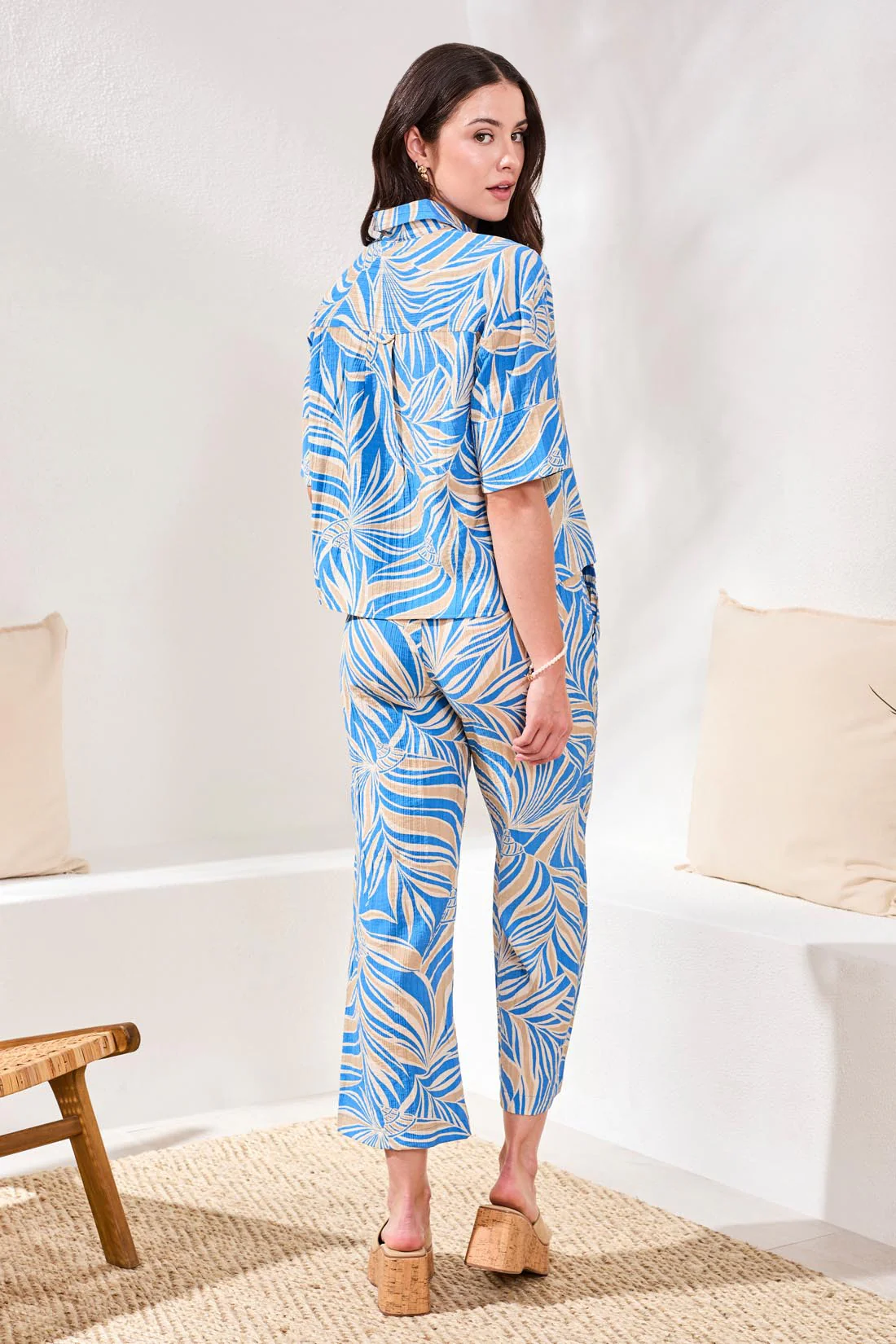 Printed Loop Stitch Button-Front Camp Shirt-Royal - Image 4