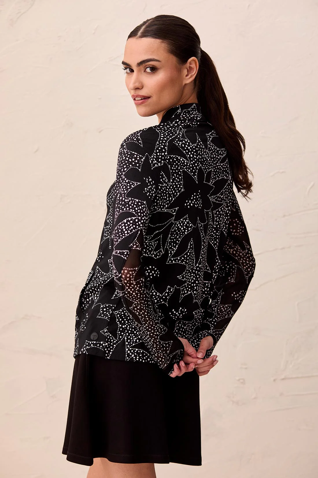 UPF 50+ High Performance Full Zip Mock Neck Cardigan With Thumbholes-Black floral - Image 4