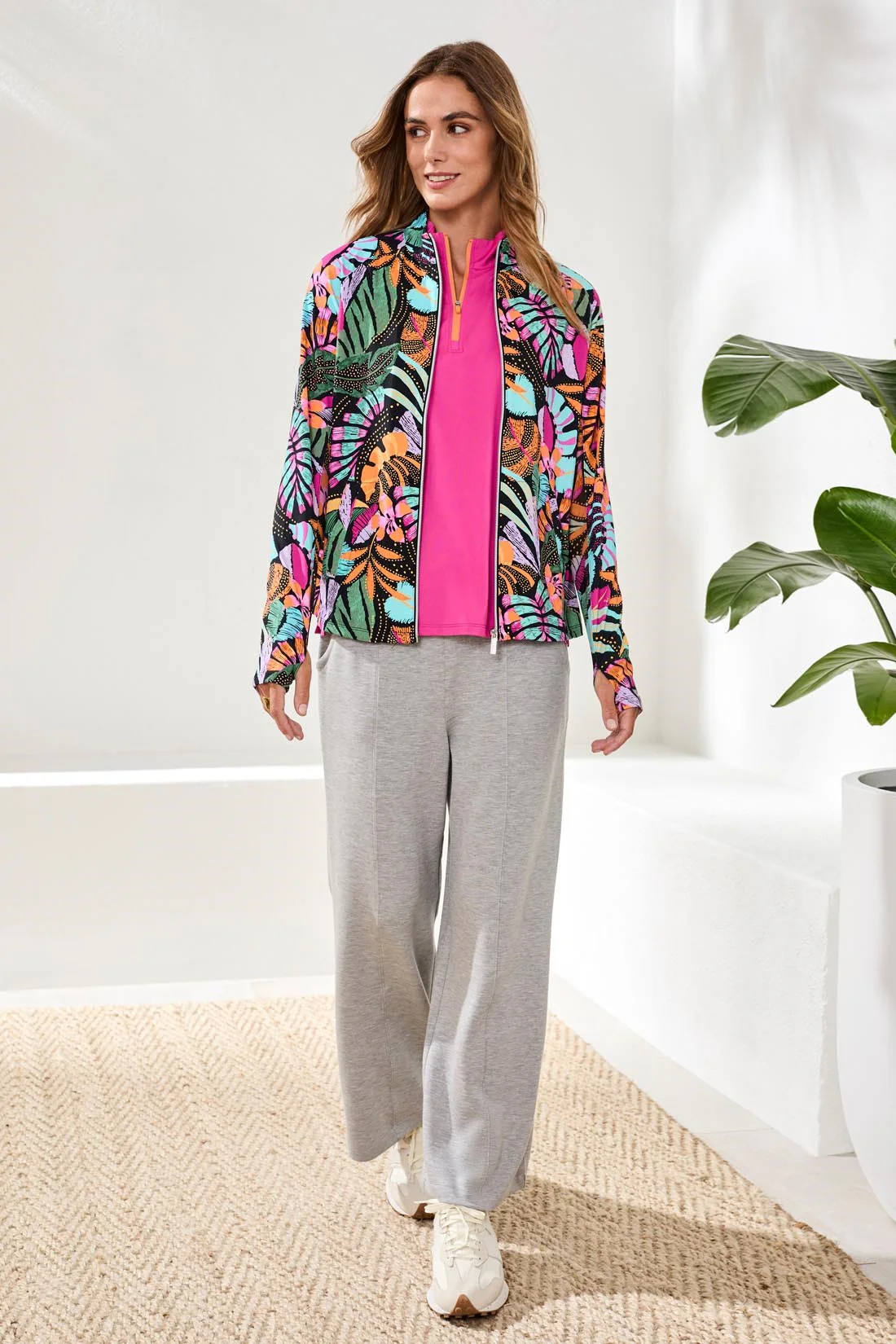 UPF 50+ High Performance Mesh Mock-Neck Zip-Up Cardigan With Thumbholes-Tropical