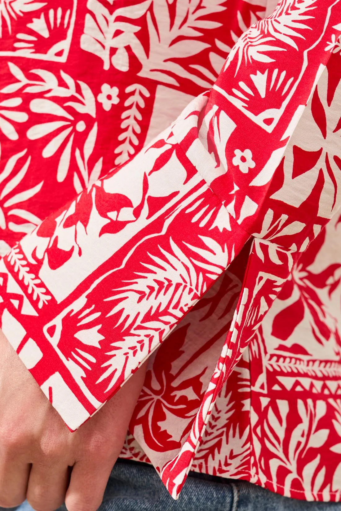 Printed Textured Challis Blouse With Tie Front-Sangria - Image 3