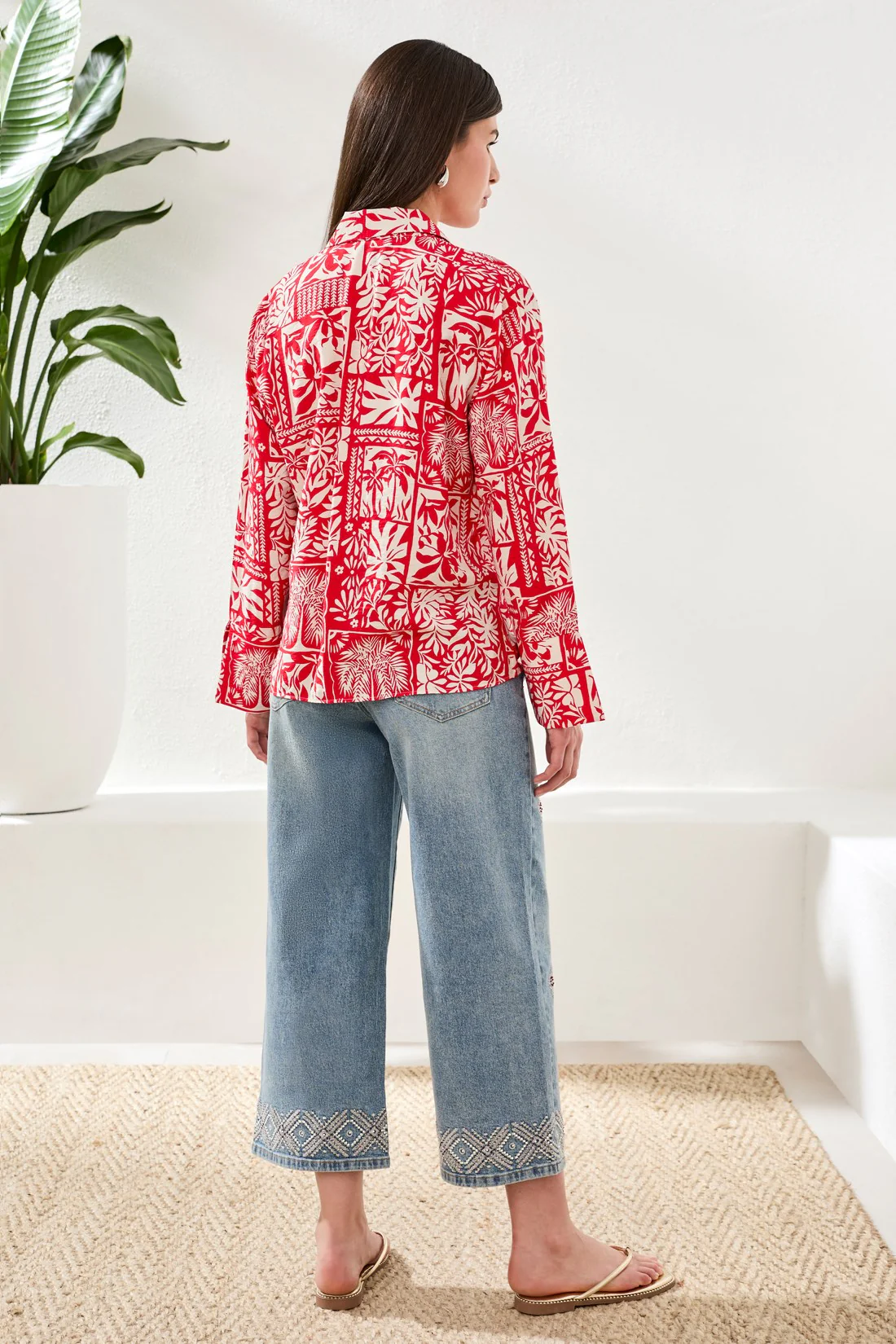 Printed Textured Challis Blouse With Tie Front-Sangria - Image 4