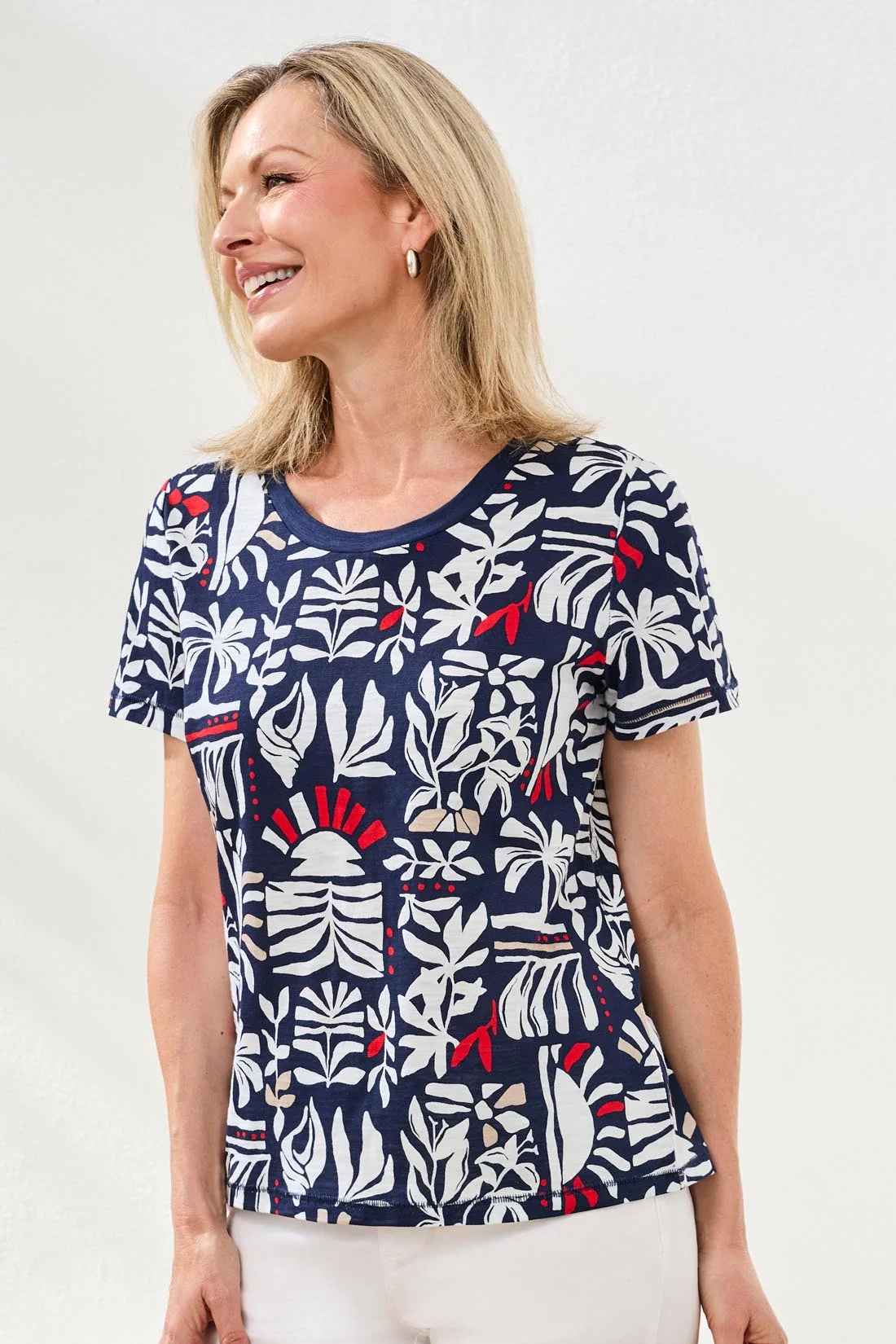 Printed Slub Knit Crew Neck Top-Jet blue - Image 3