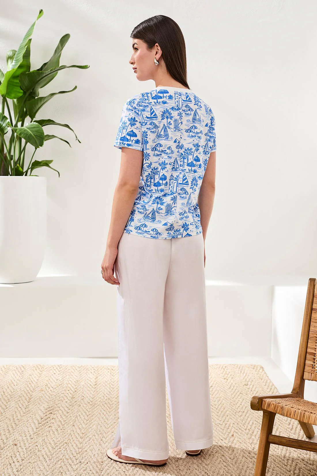 Printed Slub Knit Crew Neck Top-Royal - Image 3