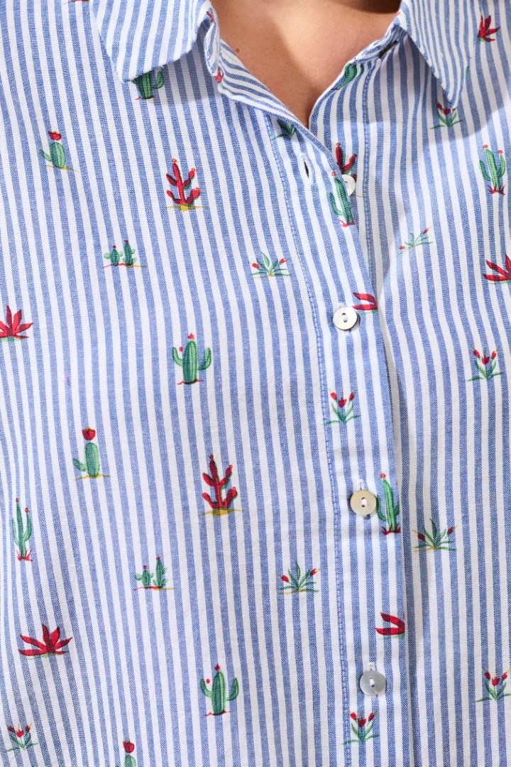 Cotton Stripe Short-Sleeve Button-Front Collared Blouse-White - Image 2