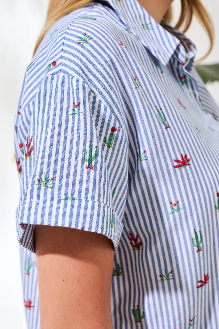 Cotton Stripe Short-Sleeve Button-Front Collared Blouse-White - Image 3